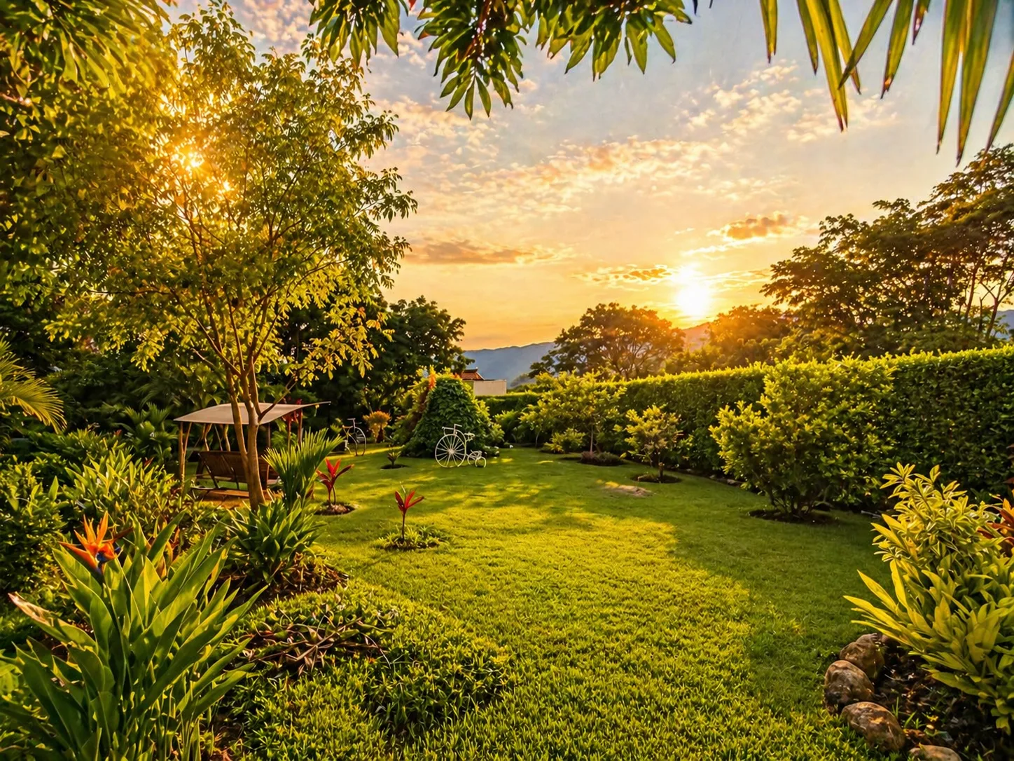Jardín de Garden Villa con gazebo al atardecer